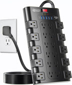 Flat Plug Power Strip, SUPERDANNY Surge Protector with 22 AC Outlets and 6 USB Charging Ports, 1875W/15A, 2100 Joules, 6.5Ft Heavy Duty Extension Cord for Home Office, Dorm, Gaming Room, Black