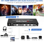 PONYBRO HDMI 2.0 Switch 4 Port with Audio Extractor – 4K@60Hz HDR10, Optical/AUX/ARC Audio Output, Auto-Switching for PS5/Xbox/Soundbar, Dolby Digital & DTS Support, Remote Included.