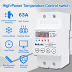 High-Power Temperature Control Switch, Rail-Mounted Digital Thermostat with Real-Time LCD Display for Heating & Cooling, 63A 110/220V, -40°C to 140°C, Ideal for Greenhouses, Aquaculture,Boilers