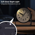 TIMESS Analog Alarm Clock, Silent Non-Ticking Quartz Movement, Battery-Operated with Snooze & On-Demand Light, Easy to Set Gentle Wake Bedside Desk Clock, Ideal for Home, Travel, Office (Black)