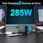 USB C Charger Block, 285W 6-Port GaN Fast Charging Station Hub with 100W Cable, Dual PD 100W Multi-Device USB C Wall Charger Adapter for iPhone 17 16 15, MacBook, Laptop, iPad, Samsung Galaxy and More