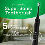Brushmo Super Sonic Electric Toothbrush with 4 Replacement Heads - Rechargeable Electronic Tooth Brush for Adults with 5 Customizable Modes - IPX7 Waterproof & Long-Lasting Battery - Black