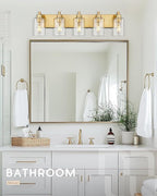 METWET 5-Light Bathroom Light Fixtures, 30 Inch Brushed Gold Vanity Light with Cylinder Clear Glass Shade, Modern Vanity Lighting Fixtures Over Mirror, VL143-BG-5