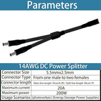 1.3FT 5.5mmx2.5mm 14AWG 12V/24V DC Power Splitter 1Female to 2Male High Power 5525 Connector for Solar Panel, Energy Storage Power Supply, Outdoor Power Supply, LED Strip Light 2pcs