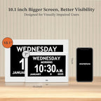 10.1'' Digital Clock, 1280*800p HD Extra Large Display, Dementia Clock For Seniors, 10 Reminders & 6 Alarms, Auto Dimming & DST, Remote Control, Digital Clock With Date, Time, Day Of Week, White