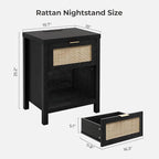 SICOTAS Black Nightstands Set of 2 with Charging Station - Boho Rattan Night Stand with Drawer, Modern Bedside Table with USB and Type-C Ports, Bed Side Tables for Bedroom, Black Oak, 2 PCS