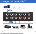 RCA L/R Audio Switcher, 4(2)-in-2(4)-Out Analogue Audio Switch, Noiseless Stereo Speaker Selector for Phono TV Headphones Soundbar PC Game, 4 Way Audio Splitter Box