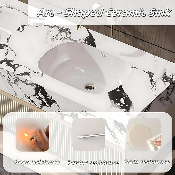 Fashionable Bathroom Vanity with Sink, Smart One-Click Defogging & LED Light, Bathroom Sink and Cabinet with Wave Striped Panel, Rockslab Countertop (Mirror, 52IN)