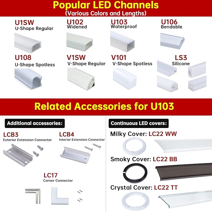 Muzata 20Pack 3.3FT/1M Plus-Size Spotless LED Channel Black LED Strip Diffuser Channel with Milky Frosted White Diffuser Cover U103 BW 1M