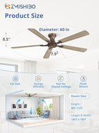 ZMISHIBO 60 Inch Ceiling Fan No Light, Flush Mount Low Profile, Farmhouse Brown Ceiling Fan Without Light, Remote Control & Quiet DC Motor, for Indoor&Outdoor, Bedroom, Living Room