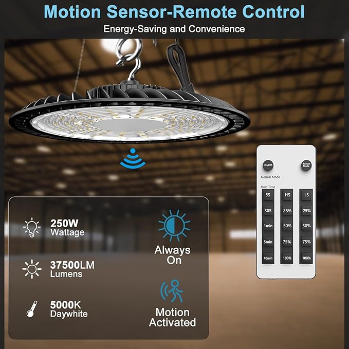 Lightdot Smart 250W High Bay LED Shop Lights 37,500LM High Bay Lights with Controller (Normal Mode & Motion Sensor Mode) ETL-Listed Plug & Play for 30-40FT Height Warehouse-6Pack 6Yrs Warranty
