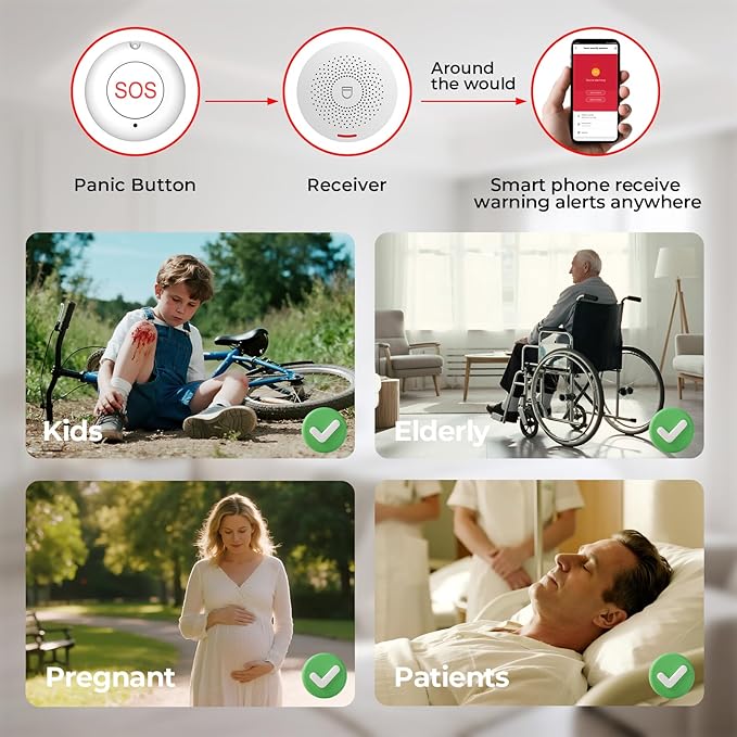 Hapippofa Caregiver Call Button WiFi Elderly Alert Call Button Life Alert Systems for Seniors No Monthly Fee for Elderly/Disabled/Home/Hospital