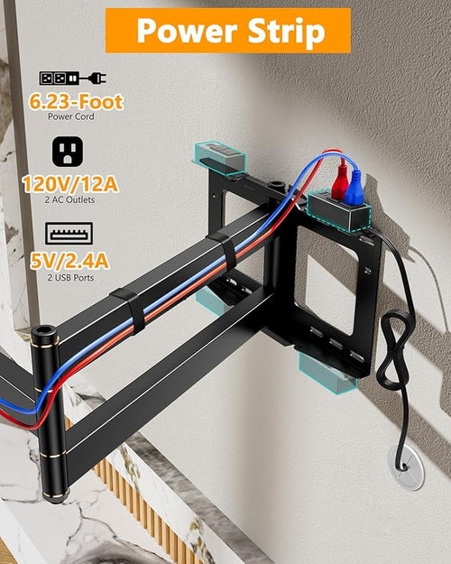 48'' Extension Extra Long Arm TV Wall Mount with Power Outlet, Rotating TV Wall Mount 180° Full Motion Heavy Duty for 26''-65'' Screens, VESA 400x400mm, Load 110 lbs, 16''Wood Stud/Concrete/Brick Wall