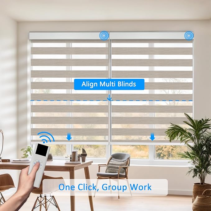 COOLWINDS Motorized Zebra Blinds for Windows Cordless Electric Curtains with Remote Control Blackout Shades Custom Smart Blinds Compatible with Alexa Google Home(Roomdarking Caramel,W29 X 72in)