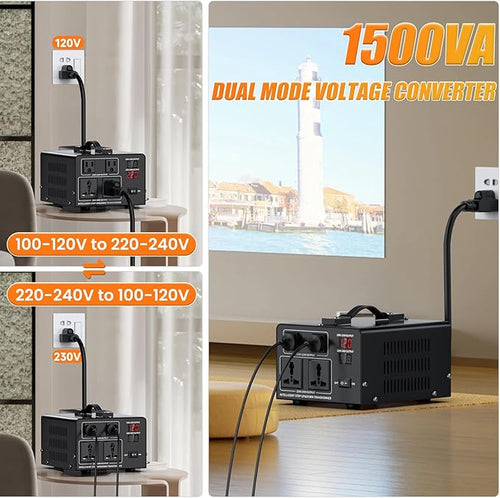 1500W Voltage Converter Transformer Step Up 110V/120V to220V/240V or Step Down 220V to 110V AC Power Converte, Circuit Breaker Protection, 2 US sockets, 2 Universal sockets, LCD Display