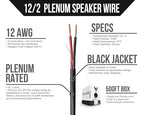 Voltive 12/2 Speaker Wire, Plenum CL3P, Black, 500ft - 12AWG, 2 Conductors, Stranded Oxygen-Free Copper, UL Listed - V-1214-1