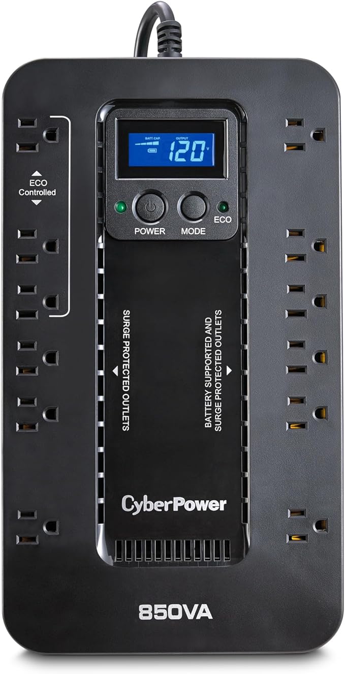 CyberPower EC850LCD Ecologic UPS Battery Backup and Surge Protector, 850VA/510W, 12 Outlets, ECO Mode, Compact, UL Certified