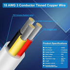 18 Gauge 3 Conductor Electrical Wire, 32.8FT Low Voltage 18/3 Tinned Copper Stranded 3 Wire Cable, 18 AWG White Flexible Extension Power Cord for Automotive, LED Lamp, Outdoor Landscape Lighting Etc