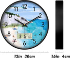 SCOAGE Silent Wall Clock with Temperature Day and Date Blue Mountain and Sea Beach Non-ticking Kitchen Clock Digital Large Display Battery Operated Clocks Decor for Bathroom Living Room Office 12 Inch