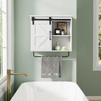 Bathroom Wall Cabinet Over Toilet Sliding Door 23x19 Inch Farmhouse Medicine Cabinet with Towel Bar Motion Sensor Light Adjustable Shelves White Above Toilet Storage for Laundry or Kitchen