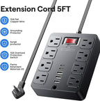 13 in 1 Surge Protector Power Strip Flat Plug 8 Widely AC Outlet 3 USB Ports,1250W/10A，5 ft Extension Cord with Multiple Outlets, Desk Extender for Dorm, Home,Travel， Office Essentials,ETL Listed