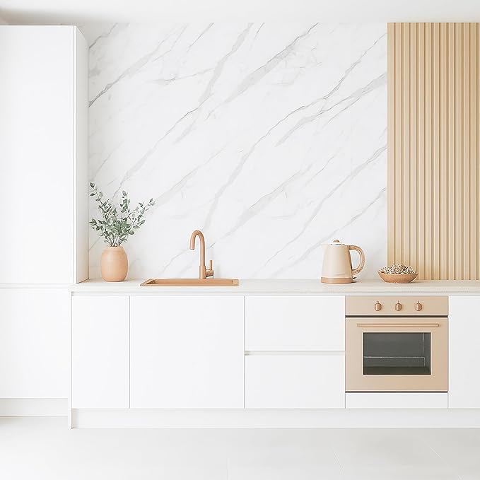 Dundee Deco Faux Marble Wall Panels - 2 ft X 4 ft - Glossy, Waterproof Indoor Wall Cladding - Off-White, Grey Veins - Set of 4 - Covers 31 sq ft