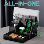 Black PU Leather Multi-Device Charging Station with Drawer - 6-in-1 Desktop Organizer for Phone, iPad, Tablet, Laptop, Watch, Headphones - Electronics Docking Hub & Storage Box for Office Home (Black)