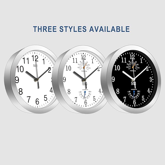 HITO 10 Inch Silent Wall Clock Battery Operated Non Ticking Glass Cover Silver Aluminum Frame, for Kitchen, Bedroom, Home Office, Living Room Decor (White)