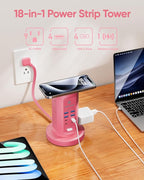 Power Strip Tower, kakyanill Surge Protector Tower 9 AC Outlets 8 USB (4 USB C), 6 Ft Retractable Extension Cord, Charging Station for Office Dorm Room, Pink
