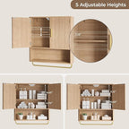 Bathroom Cabinet Wall Mount with Fluted Door Panel & Adjustable Shelf, Medicine Cabinet with Open Partition and Towel Bar, Wall Storage Cabinet for Laundry Room & Kitchen (Natural Oak)