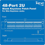ICC 48 Port Blank Keystone 2U Patch Panel with 19” Metal Rackmount Housing for Slim Profile Keystone Jacks (Sold Separately), UL Listed, IC107BP482