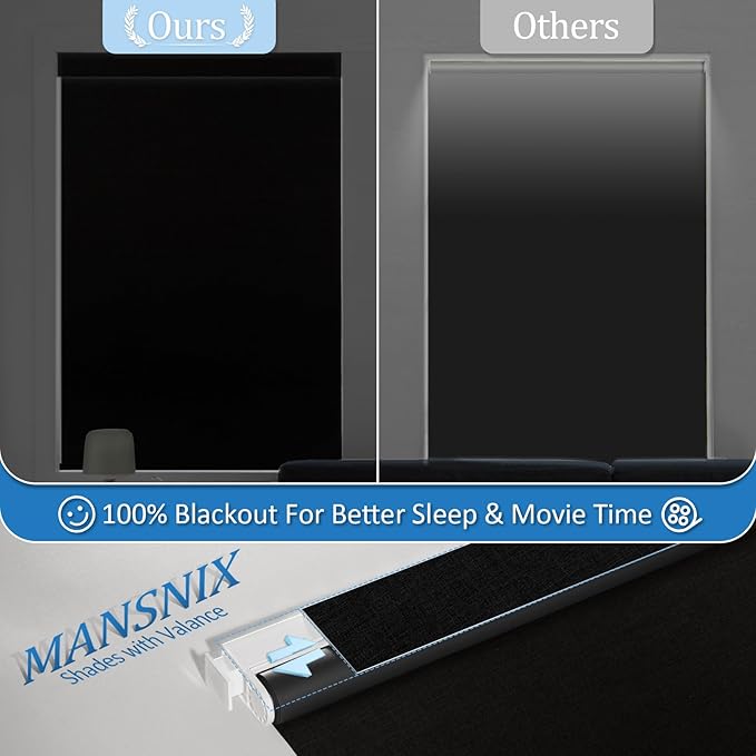 MANSNIX Smart Motorized Blinds with Remote, Cordless No-Drill Automatic Roller Shades, Blackout Electric Blind for Windows, Black, 33.5 x 72
