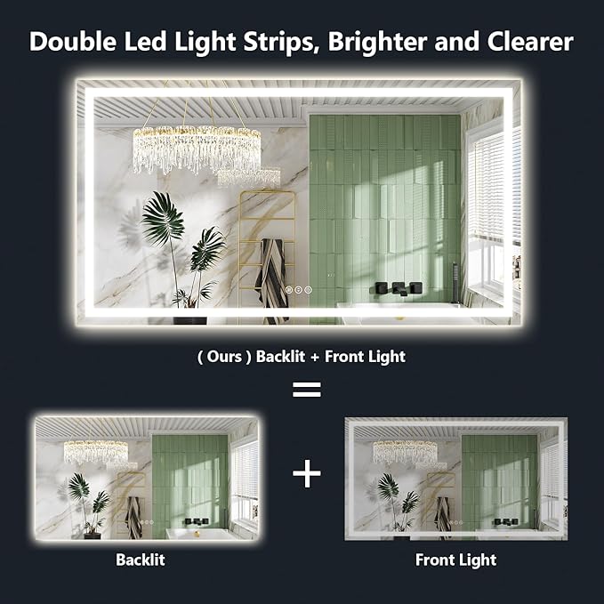 YEELAIT 68x38 Inch LED Bathroom Mirror with Lights Front and Backlit Lighted Vanity Mirror for Bathroom Wall with 3 Colors Dimmable Anti-Fog Memory Shatter-Proof IP54 Waterproof Horizontal/Vertical