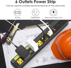 JUNNUJ Heavy Duty Metal Power Strip 20 Amp, High Amp Surge Protector 6 Outlet, 20A Power Strips Workshop Industrial Outlets Wide Spaced 6-20R T-Slot with Circuit Breaker, 12 Gauge Extension Cord 15ft