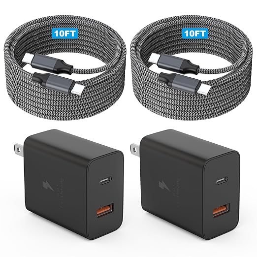 Extra Long 10Foot 45W Samsung USB C Fast Charger Block Dual Port PD Power Adapter Fast Charging Block,2Pack 10FT Type C Super Quick Charging Cord for Samsung Galaxy S25 Ultra/S25/S24/S23/S22 and More