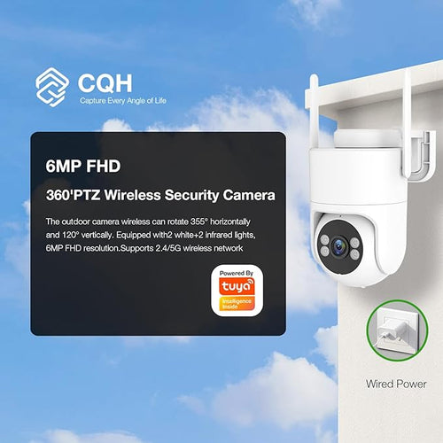 6MP TUYA Security Camera Outdoor, 2.4G/5G WiFi Cameras for Home Security 24/7 Recording, Pan-Tilt 360° View, Auto Tracking & Light Alarm, Color Night Vision,Two-Way Audio, Plug-in cam, IP66/Cloud