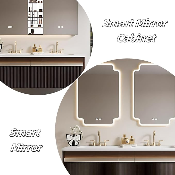 Bathroom Vanity with Double Sink - Bathroom Cabinet Vanity Including Grille Shaped Panel | Bathroom Vanity Double Sink, Soft Light LED Lights & Smart Defogging Mirror (Mirror, 56IN)