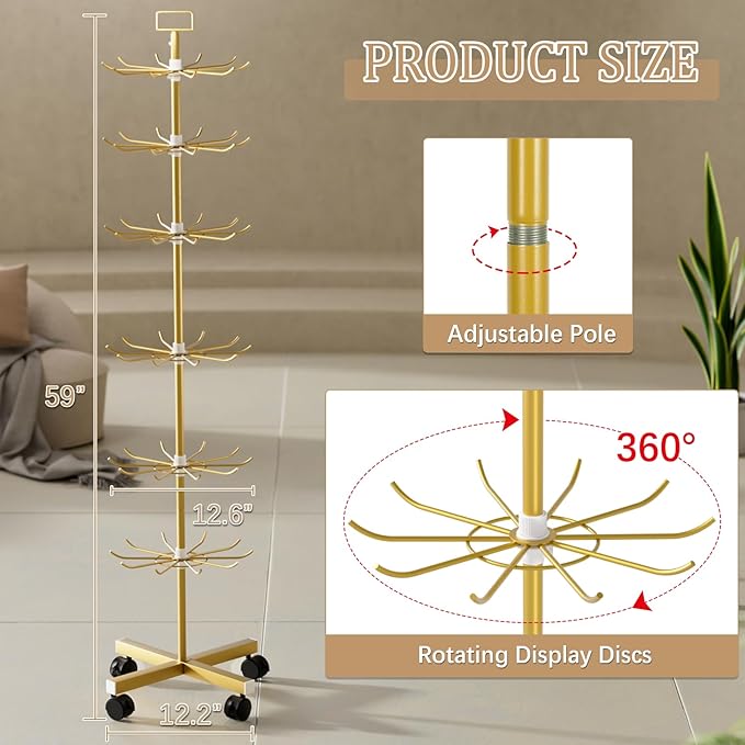 Exttlliy Retail Display Stand Store Display Rack 6 Tier Metal Spinning Display Stand Rack with Wheels Keychain Jewelry Stocking Hat Stand with Hooks for Malls, Showroom, Retail Store (6 Tier Gold)