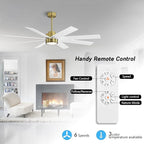 WINGBO 60" Large DC Ceiling Fans with Lights and Remote, 3 Downrods, 8 Plywood Blades, 6-Speeds Reversible DC Motor, 3CCT, Indoor Ceiling Fan for Bedroom Living Room Patio, Brass and White