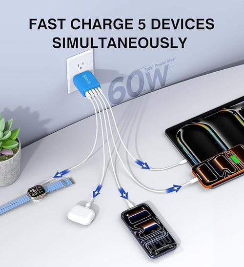 2-Pack USB C Wall Charger Block,60W 5-Port C Charger Fast Charging Block PD Power Adapter +QC 3.0 Multiport Type C Box Charger Cube USB A Wall Plug for iPhone 14/15/16/17 Pro Max,Samsung Galax