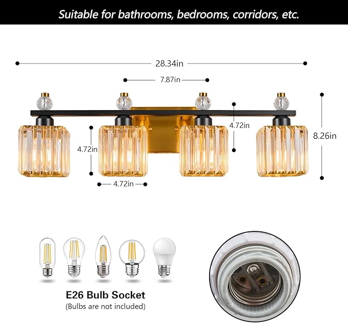 FDPBY Vanity Lights 4-Light Modern Crystal Vanity Light Black Gold Bathroom Light Fixtures Over Mirror Crystal Bathroom Vanity Lighting Fixtures