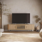 POVISON Fully-Assembled Mid Century Modern TV Stand for 75 inch TV, Sliding Door Entertainment Center with Storage, Wood TV Console, Media Console for Living Room Bedroom(Oak, 78.74")