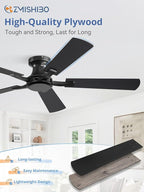ZMISHIBO 52 Inch Ceiling Fan No Light, Flush Mount Low Profile, Modern Black Ceiling Fan Without Light, Remote Control & Quiet DC Motor, for Indoor&Outdoor, Bedroom, Living Room