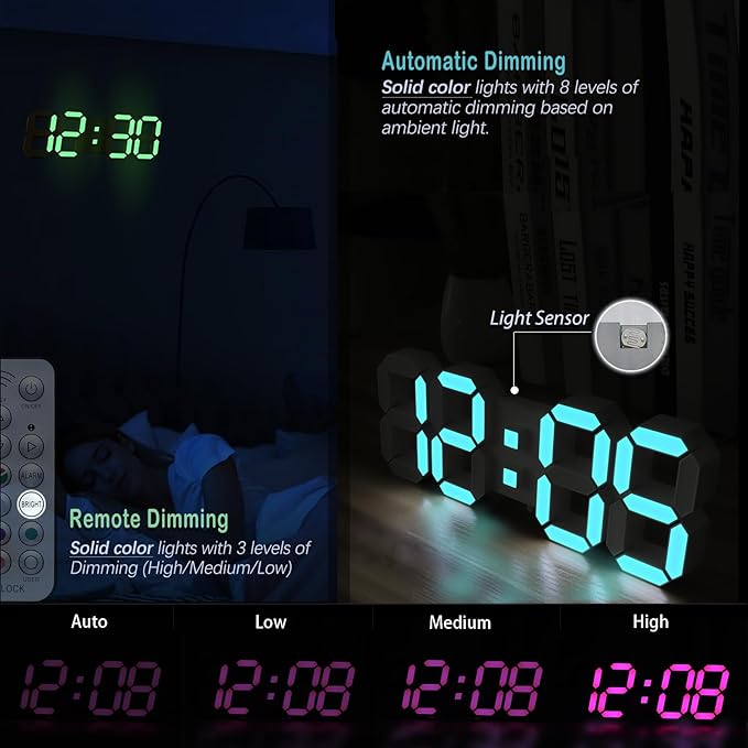 KOSUMOSU LED Wall Clock 15" RGB Digital LED Clock for Living Room Decor, Large Display Gaming Room Clocks, Dimming/12/24 Hr Time/Date/Temp/Remote (White Clock with Neon Light)