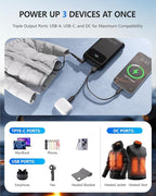 ColdBye Heated Vest Battery Pack 𝟕.𝟒𝐕 5𝐀 𝟐𝟎𝟎𝟎𝟎𝐦𝐀𝐡, Type-C and USB 5V Output, PD 30W Fast-Charging with 7.4V Tri-Size DC Built-in Ports (3.5 mm / 3.8 mm / 4.0 mm) for Heated Jacket