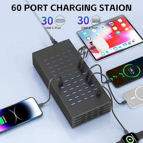 400W USB Charging Station, 60 Port USB C Charging Station for Multiple Device, Multi USB Desktop Charger Station with Smart IC Protection, Suitable for Home, Office, Hotels, Schools