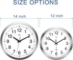 HITO 14" Silent Wall Clock Battery Operated Non Ticking Sweep Movement Glass Cover Silver Aluminum Frame, for Kitchen, Bedroom, Home Office, Living Room Decor