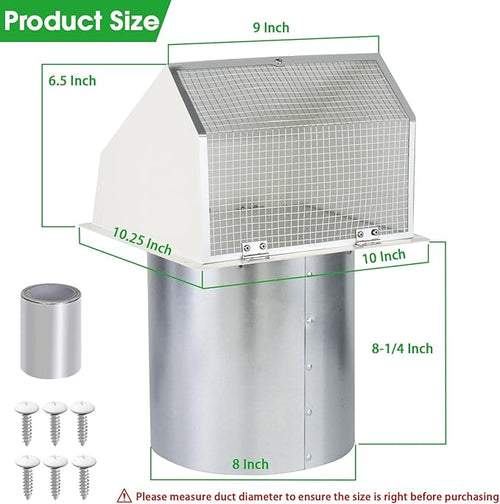 8 Inch Hooded Wall Vent with Screen and Damper,Outdoor Wall Exhaust Vent Cover Wall Cap for Exterior Kitchen Range Hood Ventilation Dryer HVAC Duct Air Exhaust, Galvanized Steel, White