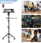 Tossbiss Laptop Tripod on Wheels with 2 Shelves, Portable Projector Floor Stand Adjustable Height 25.9 to 51.8 Inch with Phone Holder