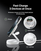 Belkin MagSafe Charger Compatible, 3-in-1 Qi2 15W Wireless Charging Station, Convertible Wireless Charger for iPhone 17, Apple Watch, AirPods, Pixel 10, Phone Stand for Travel w/ 36W Adapter - White